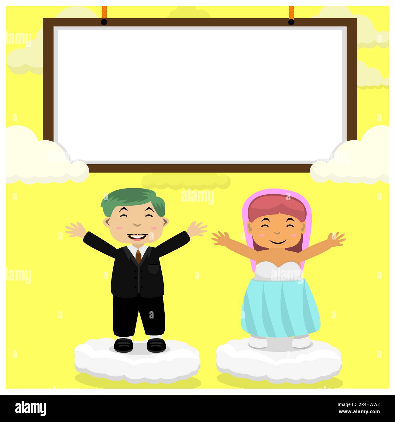 Vector Illustration Of Couple Wedding Template, White Board, Sky and Yellow Color Background. Stock Vector