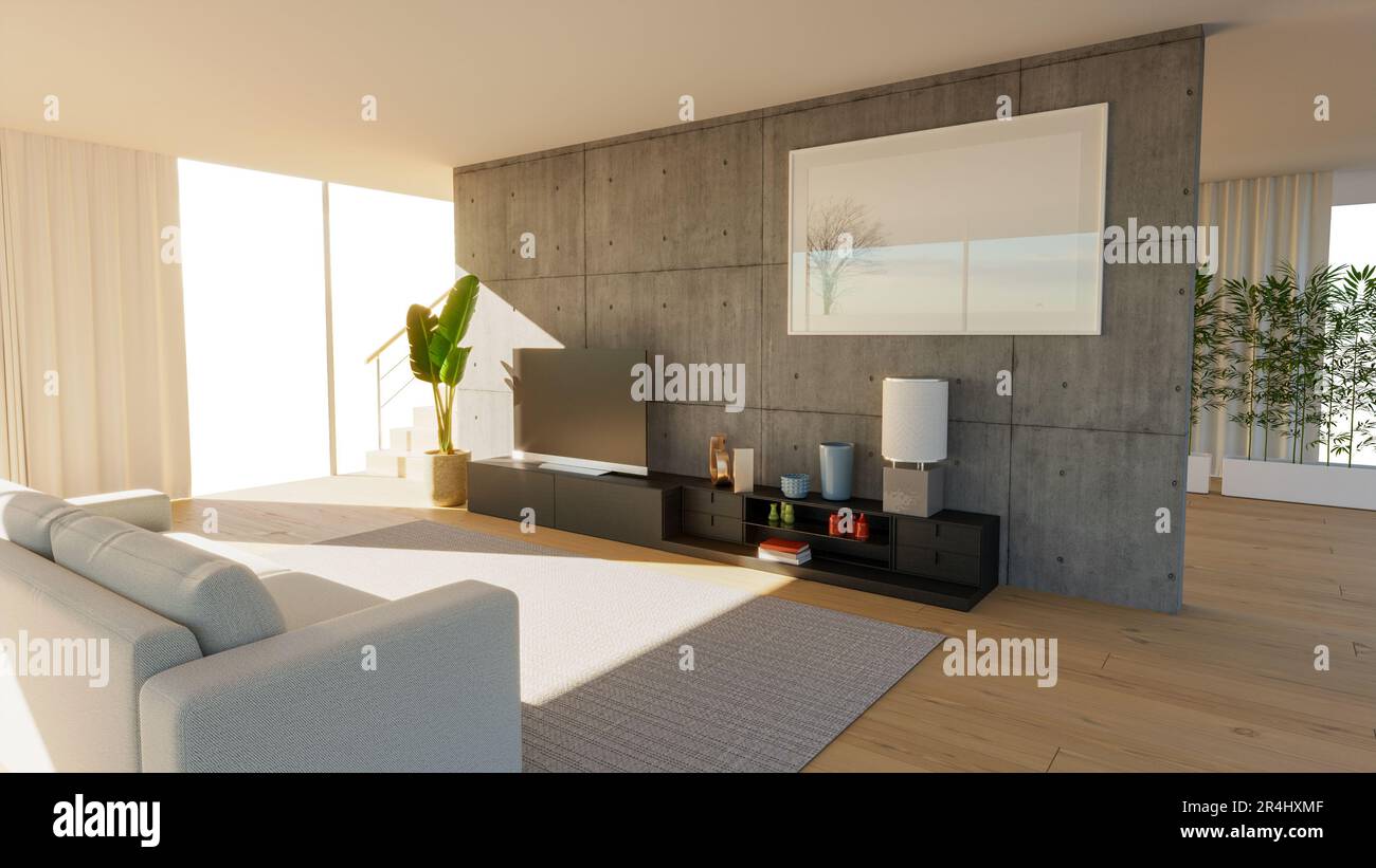 Internal view of an open space with big windows, large size, modern and contemporary style. Luxury houses. Natural light. Living room. Architecture Stock Photo
