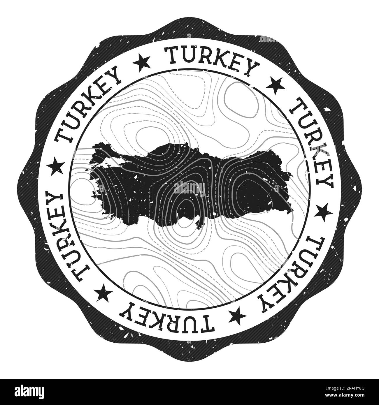 Turkey outdoor stamp. Round sticker with map of country with topographic isolines. Vector illustration. Can be used as insignia, logotype, label, stic Stock Vector