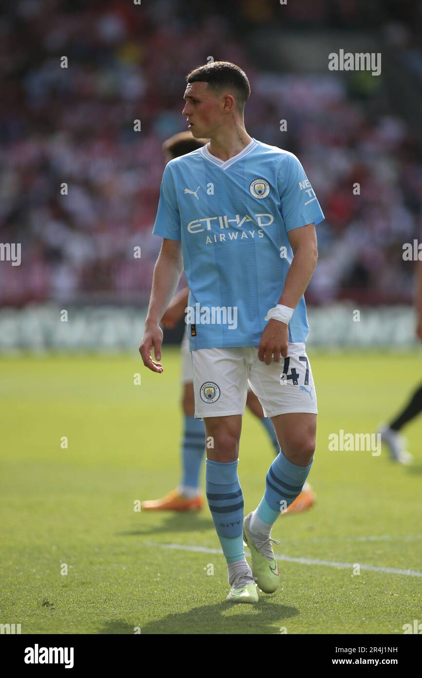 London, UK. 28th May, 2023. Phil Foden of Manchester City during the Premier League match between Brentford and Manchester City at Gtech Community Stadium, London, England on 28 May 2023. Photo by Pedro Soares. Editorial use only, license required for commercial use. No use in betting, games or a single club/league/player publications. Credit: UK Sports Pics Ltd/Alamy Live News Stock Photo