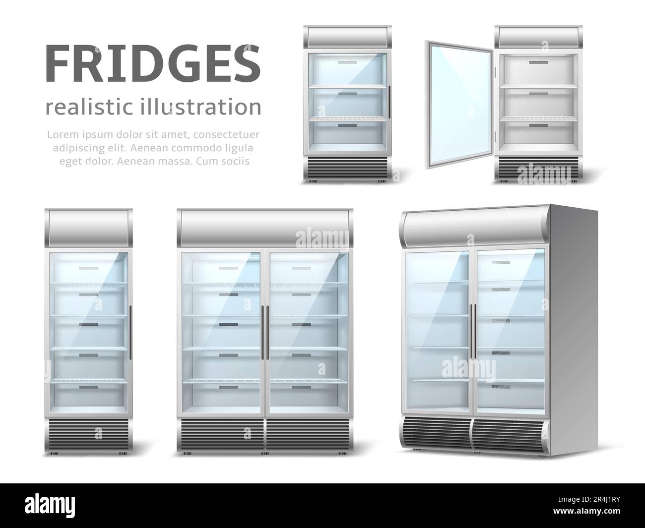 Realistic fridges. Industrial and store empty refrigerators for