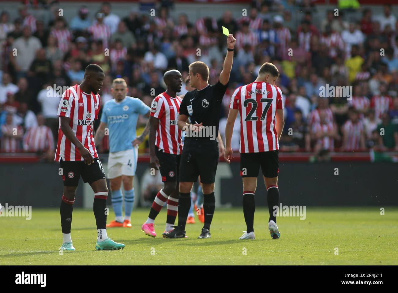 London, UK. 28th May, 2023. Vitaly Janelt of Brentford sees yellow card in the second half during the Premier League match between Brentford and Manchester City at Gtech Community Stadium, London, England on 28 May 2023. Photo by Pedro Soares. Editorial use only, license required for commercial use. No use in betting, games or a single club/league/player publications. Credit: UK Sports Pics Ltd/Alamy Live News Stock Photo