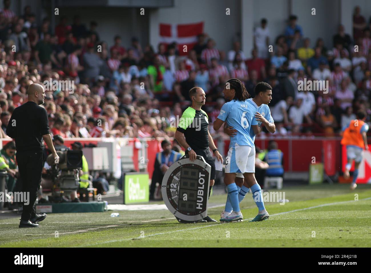 London, UK. 28th May, 2023. Shea Charles of Manchester City comes on for Nathan Ake of Manchester City in the second half during the Premier League match between Brentford and Manchester City at Gtech Community Stadium, London, England on 28 May 2023. Photo by Pedro Soares. Editorial use only, license required for commercial use. No use in betting, games or a single club/league/player publications. Credit: UK Sports Pics Ltd/Alamy Live News Stock Photo