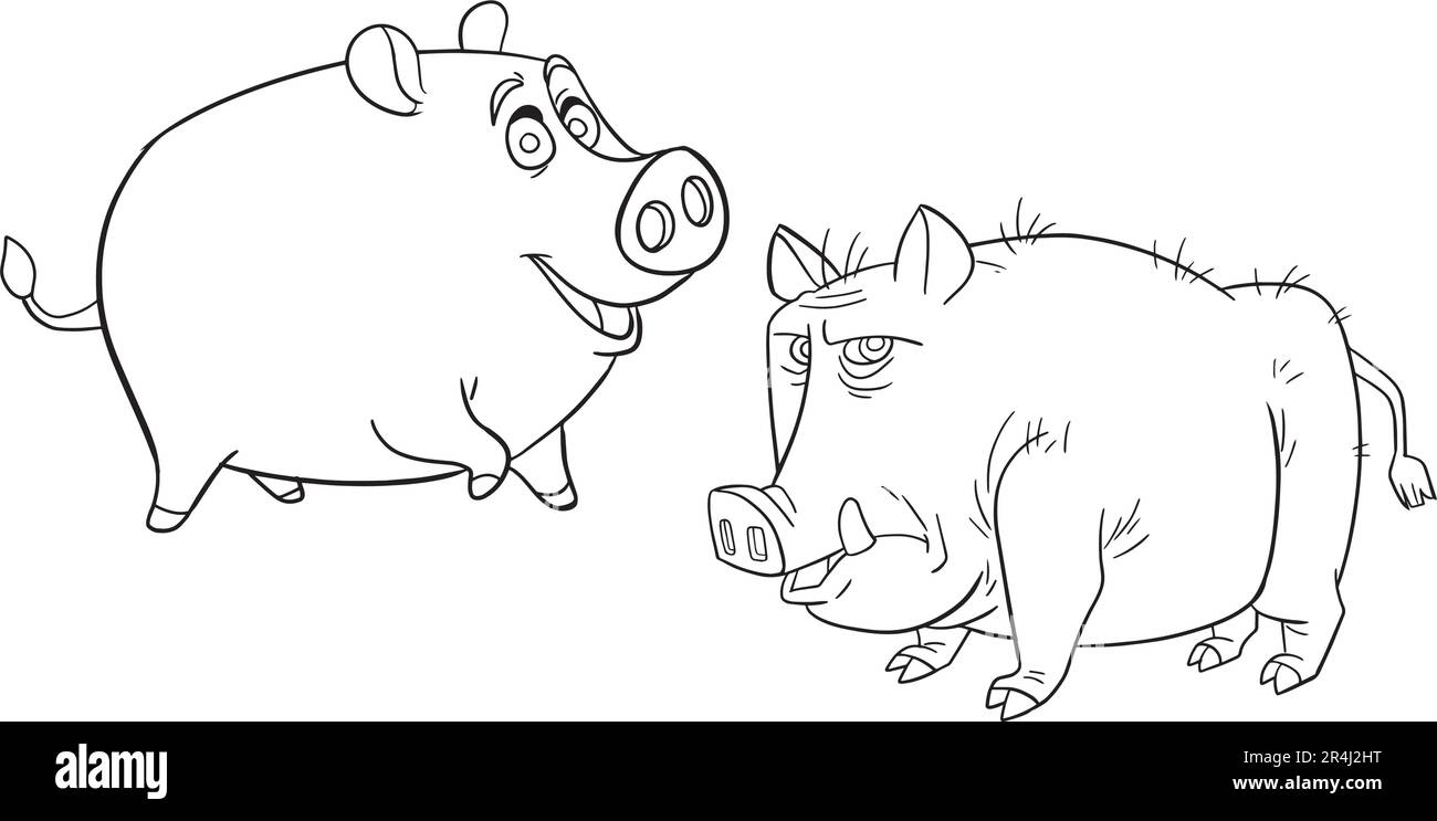 Easy coloring page of Cute Pigs . Icon sheet vector. Vector design template for kids coloring book Stock Vector
