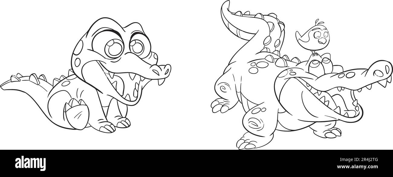 Set of cute crocodile cartoon. Coloring page style, Isolated vector icon and mascot illustration, white background. Stock Vector