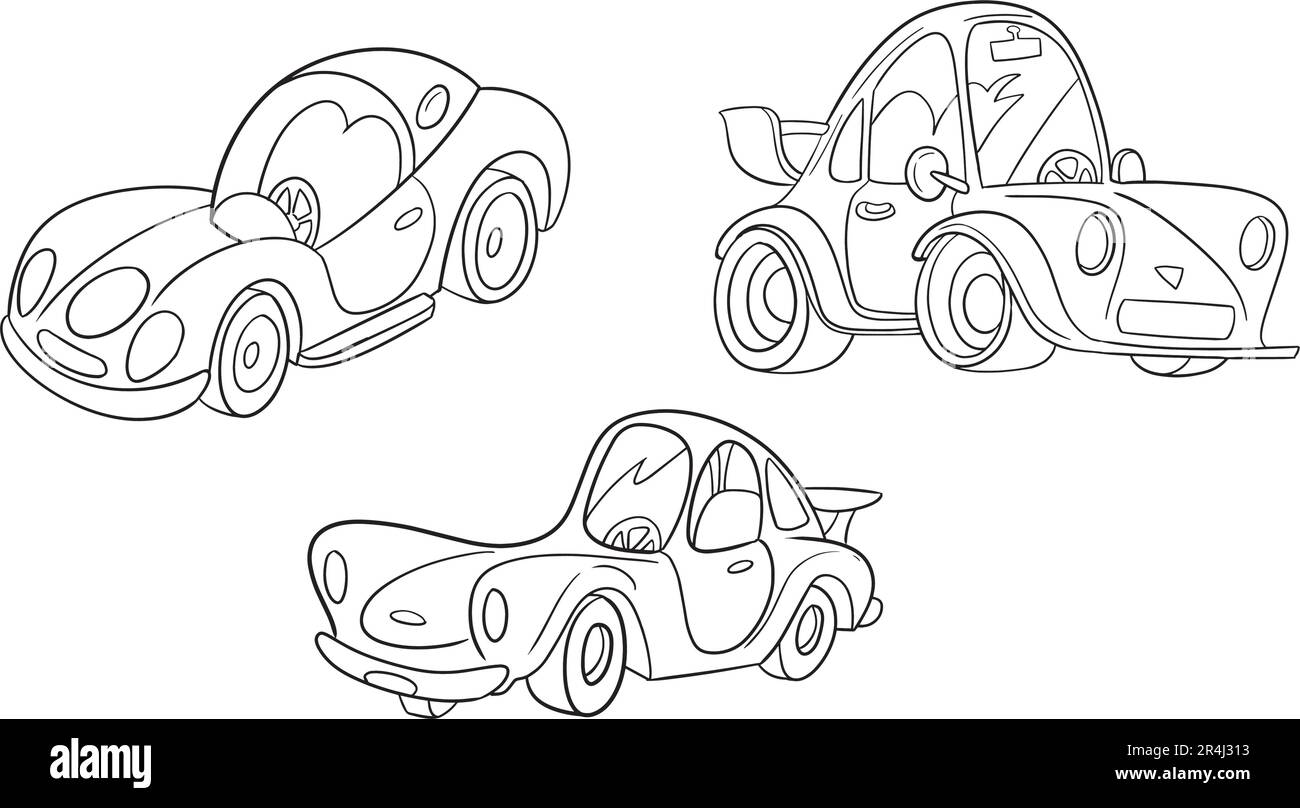 Outlined Cars Cartoon Character Poses. Vector Hand Drawn Collection Set ...
