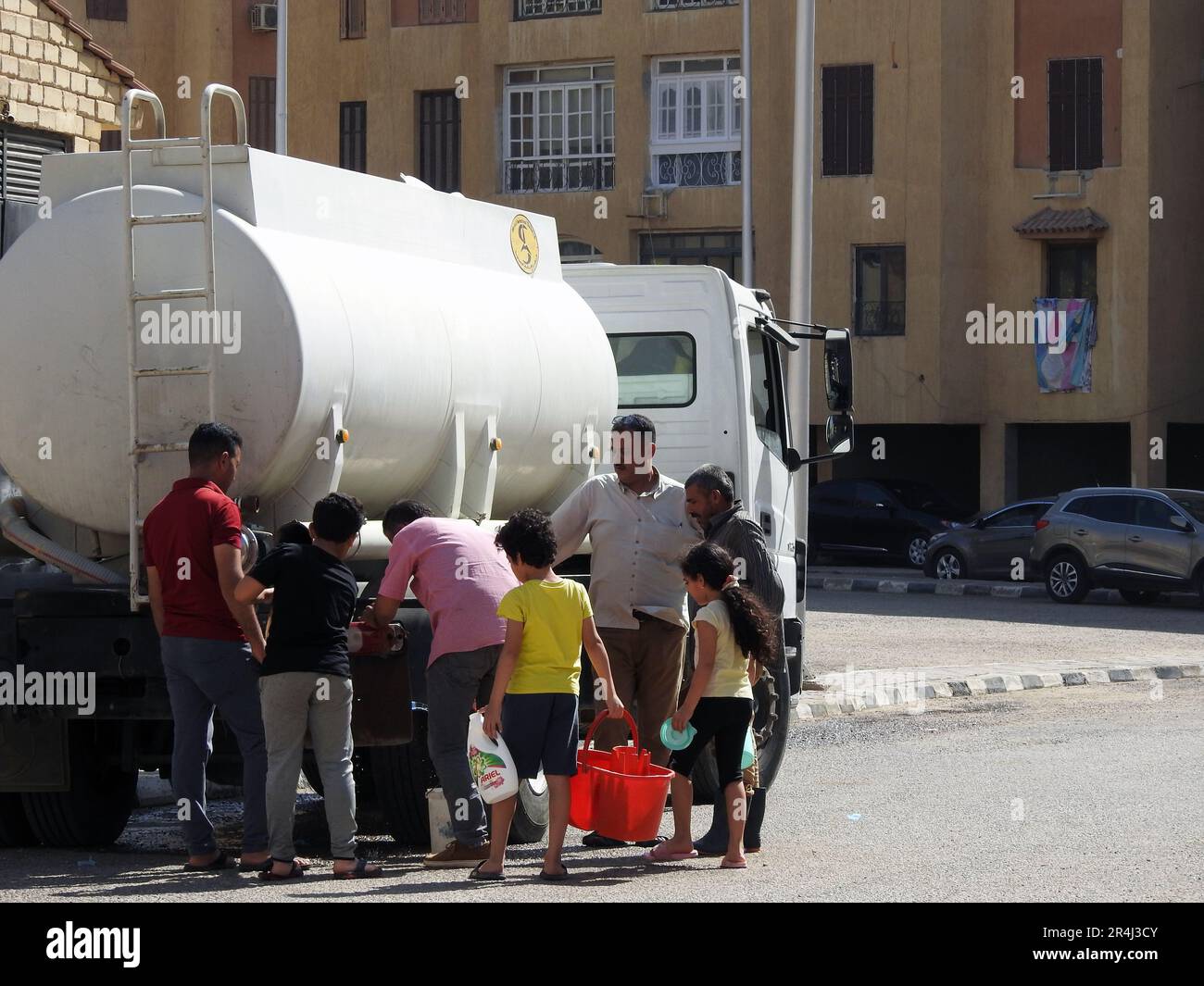 Cairo, Egypt, May 15 2023: A water tanker vehicle with clean water as an emergency service response in any area with water outage to deliver drinking Stock Photo