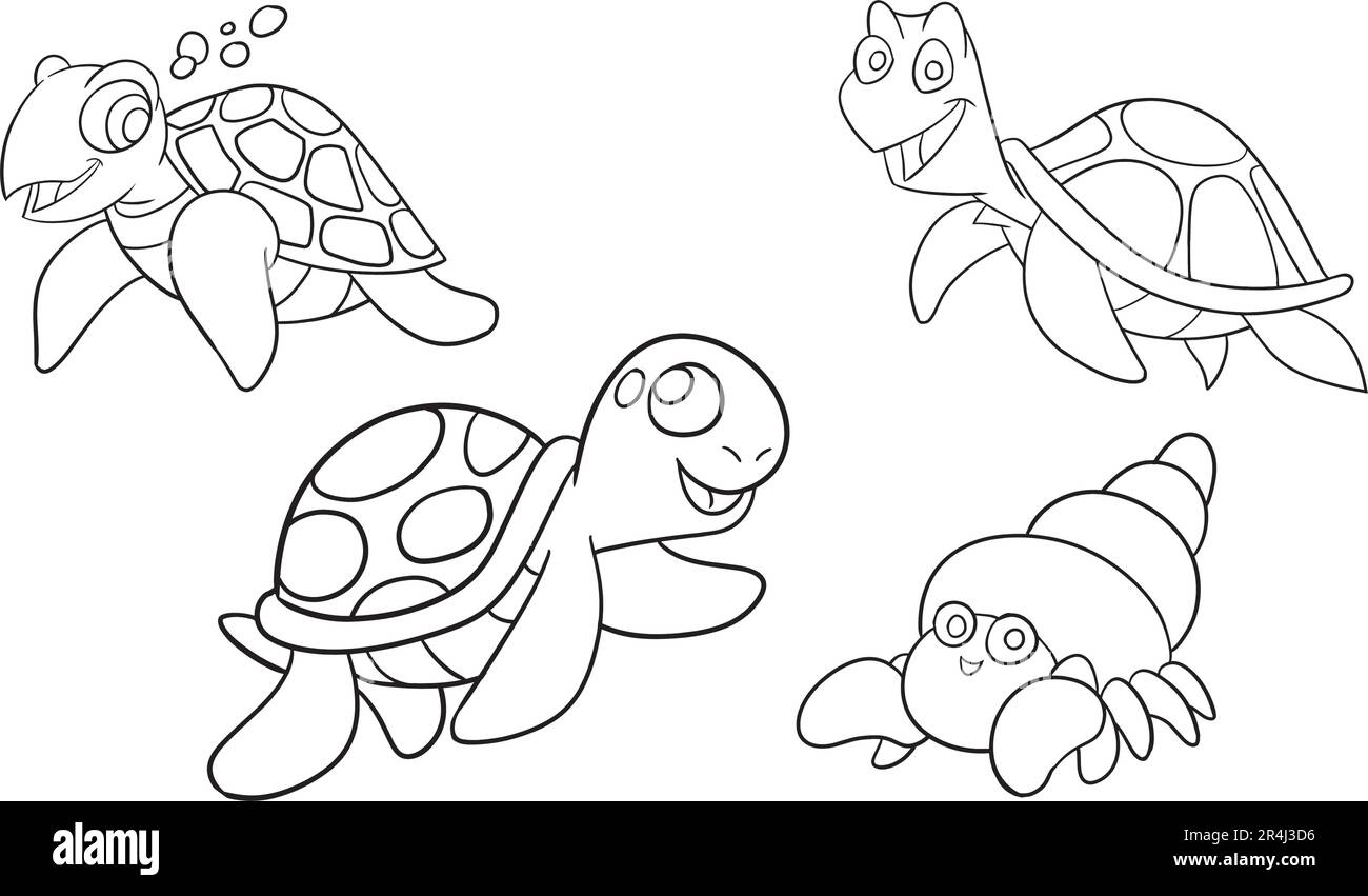Sea animals group coloring page. Ocean fish, octopus, dolphin, shark, whale, turtle and crab. Doodle style. Outline vector illustration for coloring Stock Vector