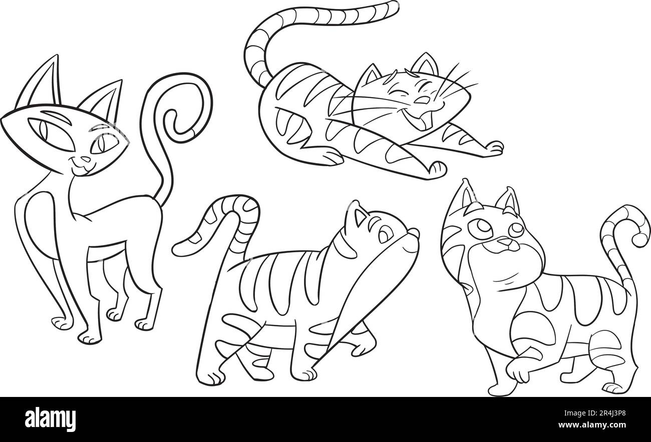 Vector set of cartoon style cat . Animal character illustration for children. Hand drawn line drawings of funny cats. Big collection of Cats for kids, Stock Vector