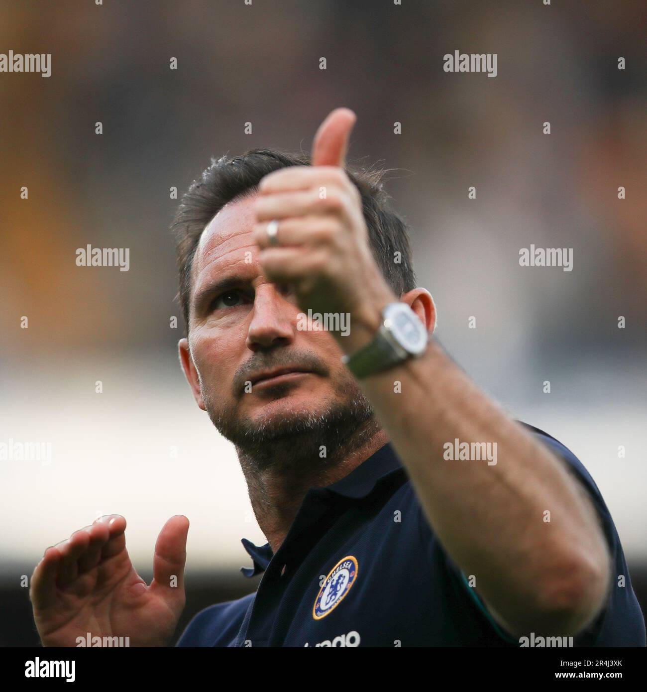 London, UK. 28th May, 2023. Chelsea Interim Manager Frank Lampard salutes the home supporters at full time during the Premier League match between Chelsea and Newcastle United at Stamford Bridge, London, England on 28 May 2023. Photo by Ken Sparks. Editorial use only, license required for commercial use. No use in betting, games or a single club/league/player publications. Credit: UK Sports Pics Ltd/Alamy Live News Stock Photo