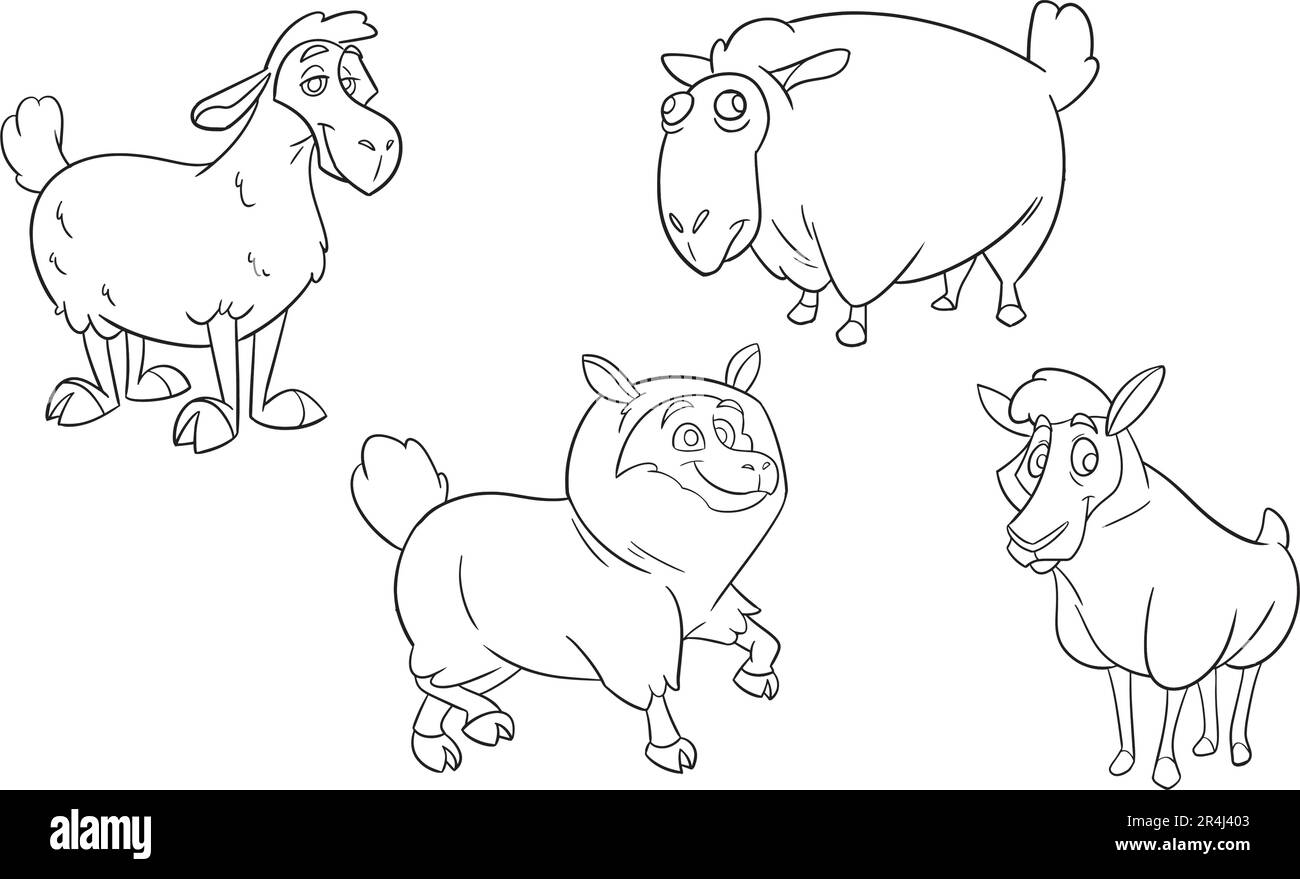 Cute sheep set. Kids coloring page. Hand drawn vector illustration. Black and white clip art. Doodle style. Outline vector illustration for coloring Stock Vector