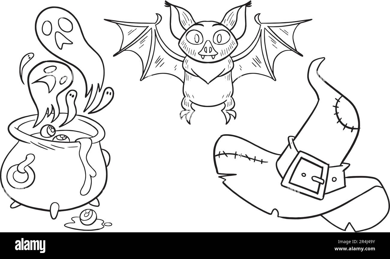 Bat, witch hat and magic potion pot with ghosts for hallowen party. Outlines-contours - design for logo, stickers, icon, illustration for coloring Stock Vector