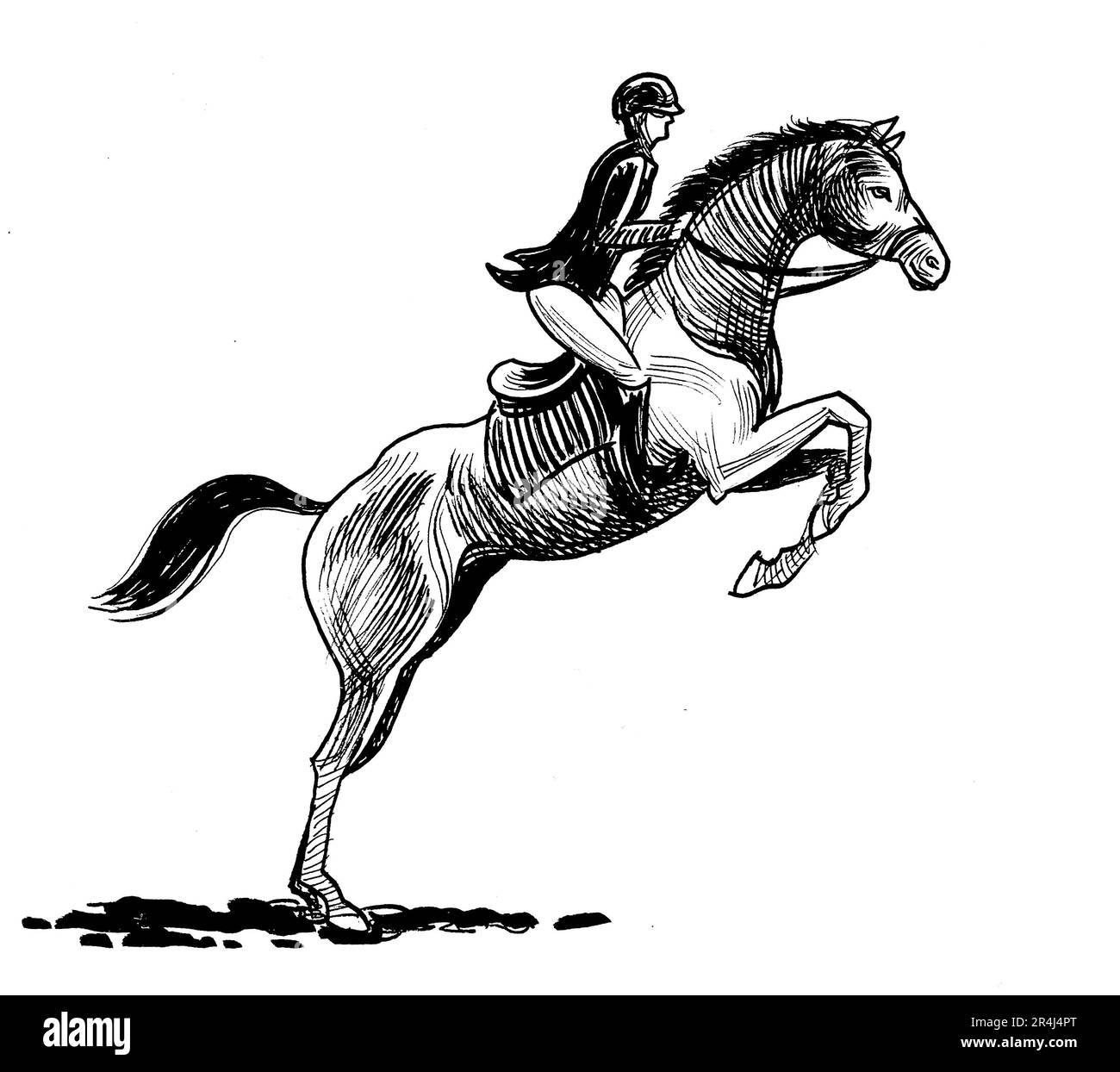 Jockey riding a horse. Hand drawn black and white ink on paper drawing
