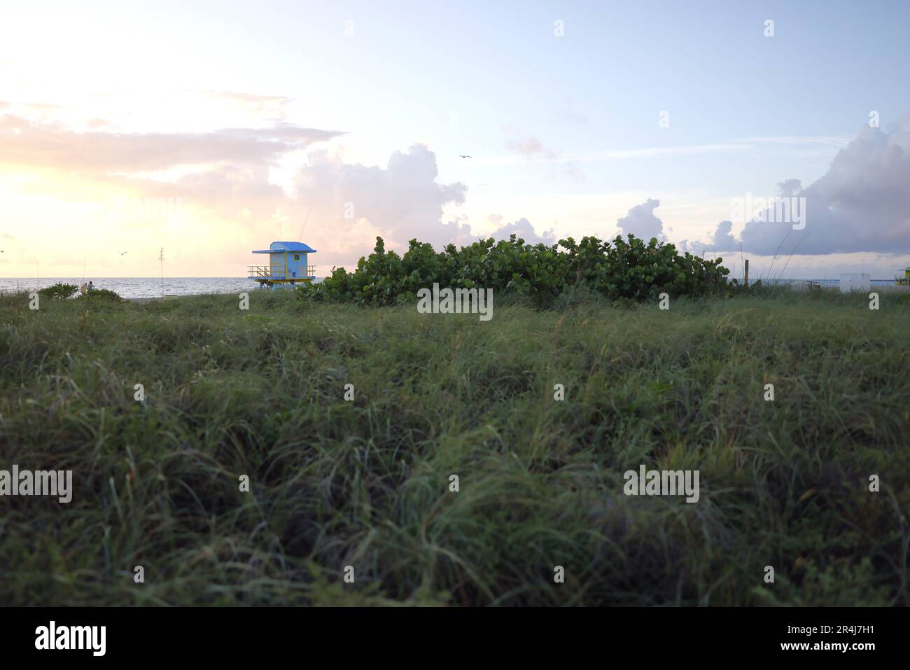 South Miami Beach in the sunrise with life guard house Stock Photo