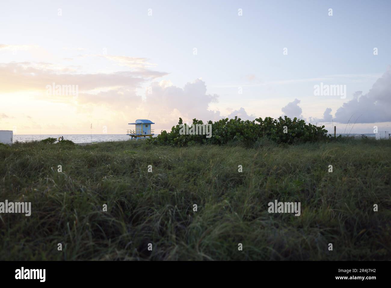 South Miami Beach in the sunrise with life guard house Stock Photo
