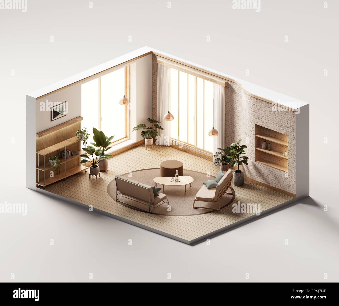 Isometric view living room muji style open inside interior architecture ...