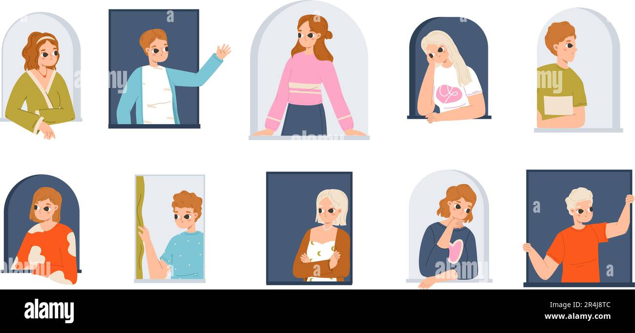 People looking, peeping and hiding. Cartoon curious expressions, teenagers behind wall and windows. Isolated young adults spy, snugly vector set Stock Vector