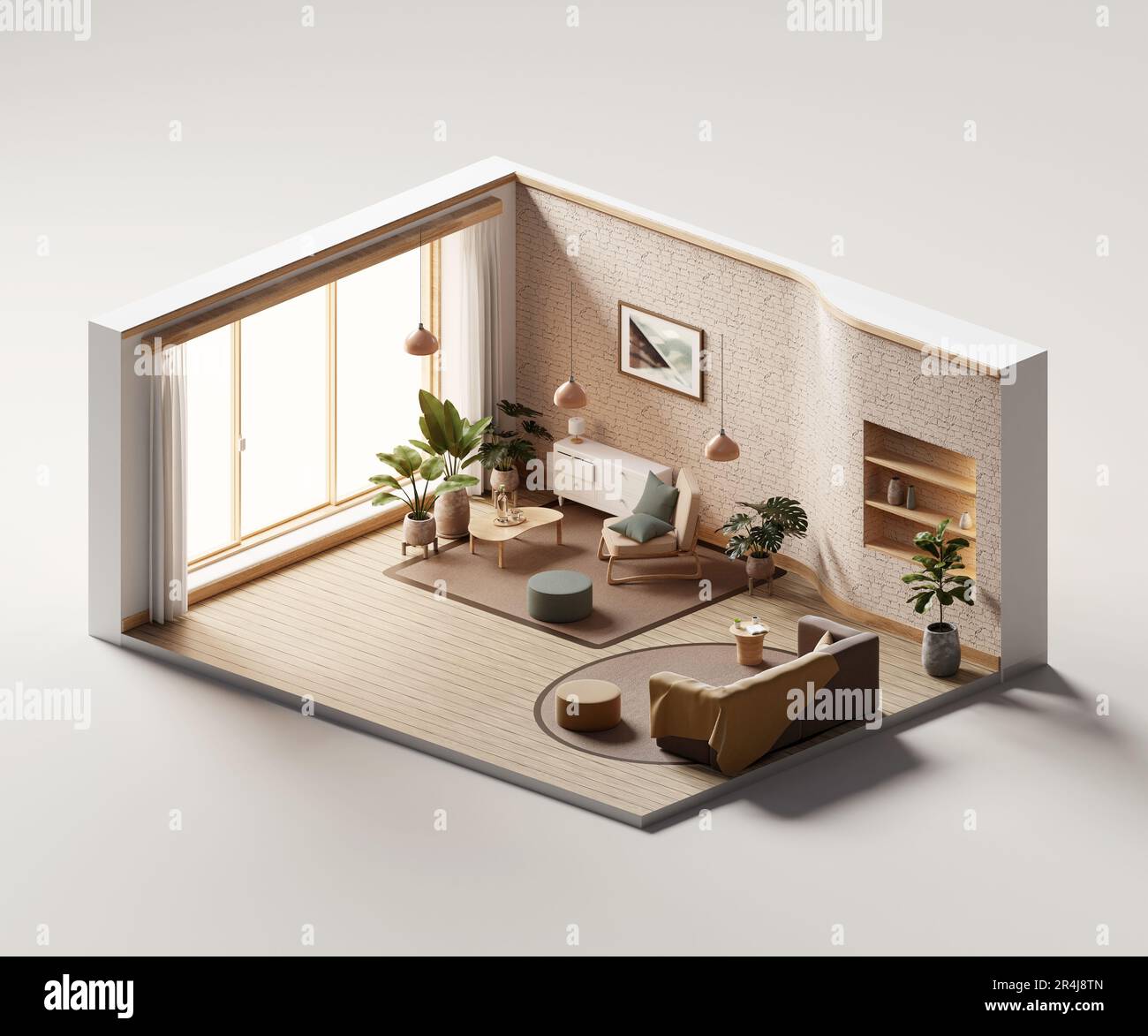 Isometric view living room muji style open inside interior architecture ...