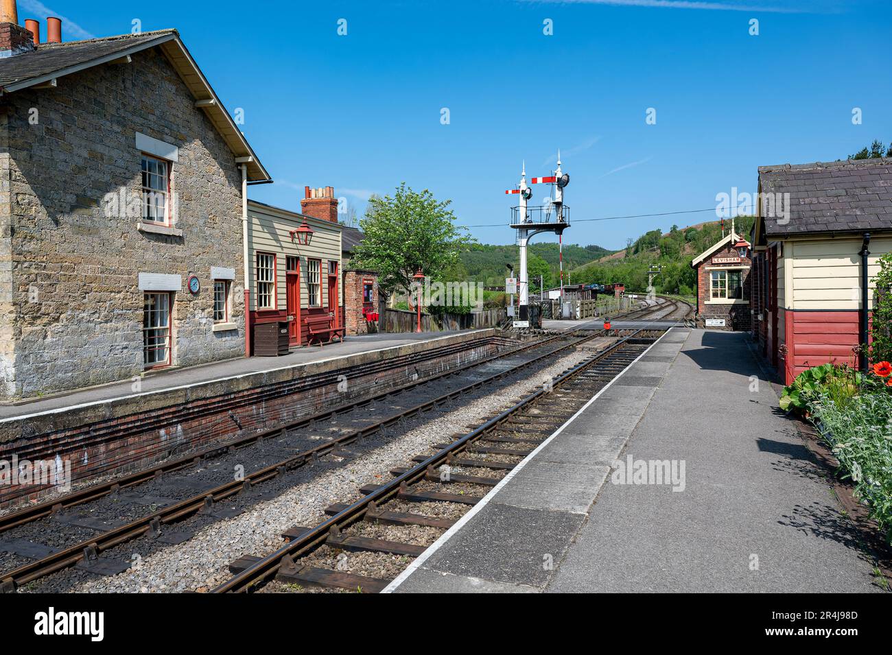 An empty Station at Levisham on the North Yorkshire Moors Railway near to Grosmont, North Yorksire, UK Stock Photo