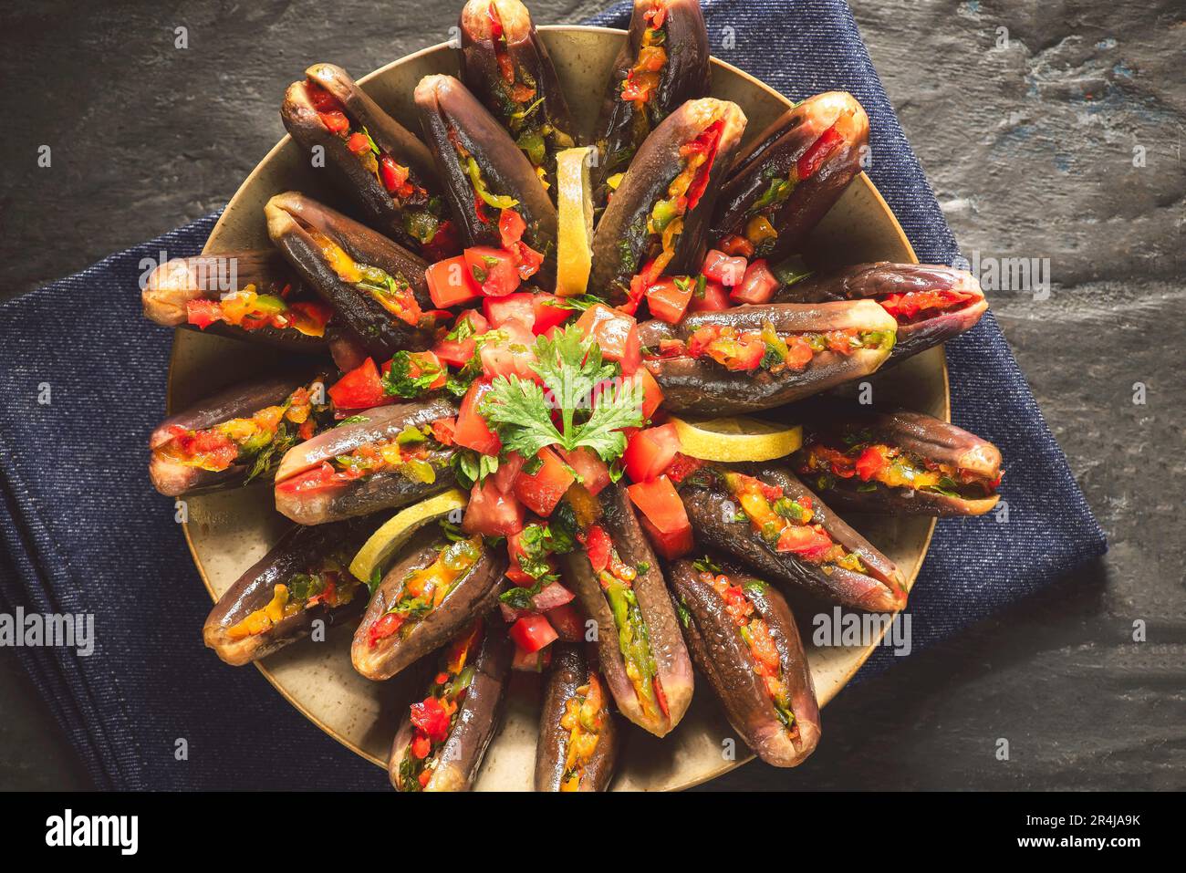 Arabic Cuisine; Egyptian traditional spicy pickled eggplant topped with fresh marinated tomatoes