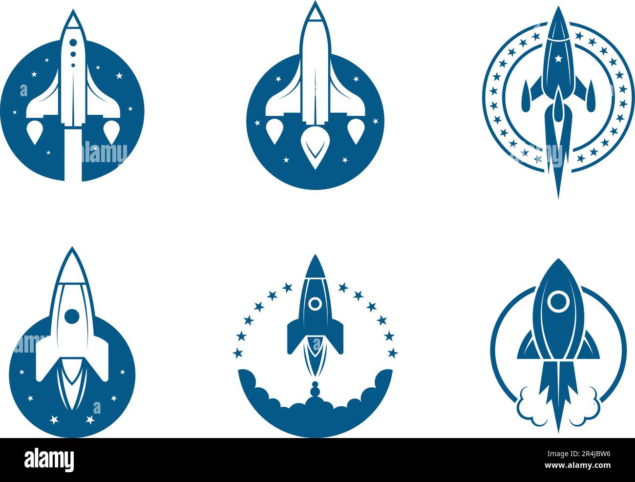 Sputnik icons. Rockets speed blue emblem items, spacecraft symbols, spaceship silhouettes, space ships graphics Stock Vector