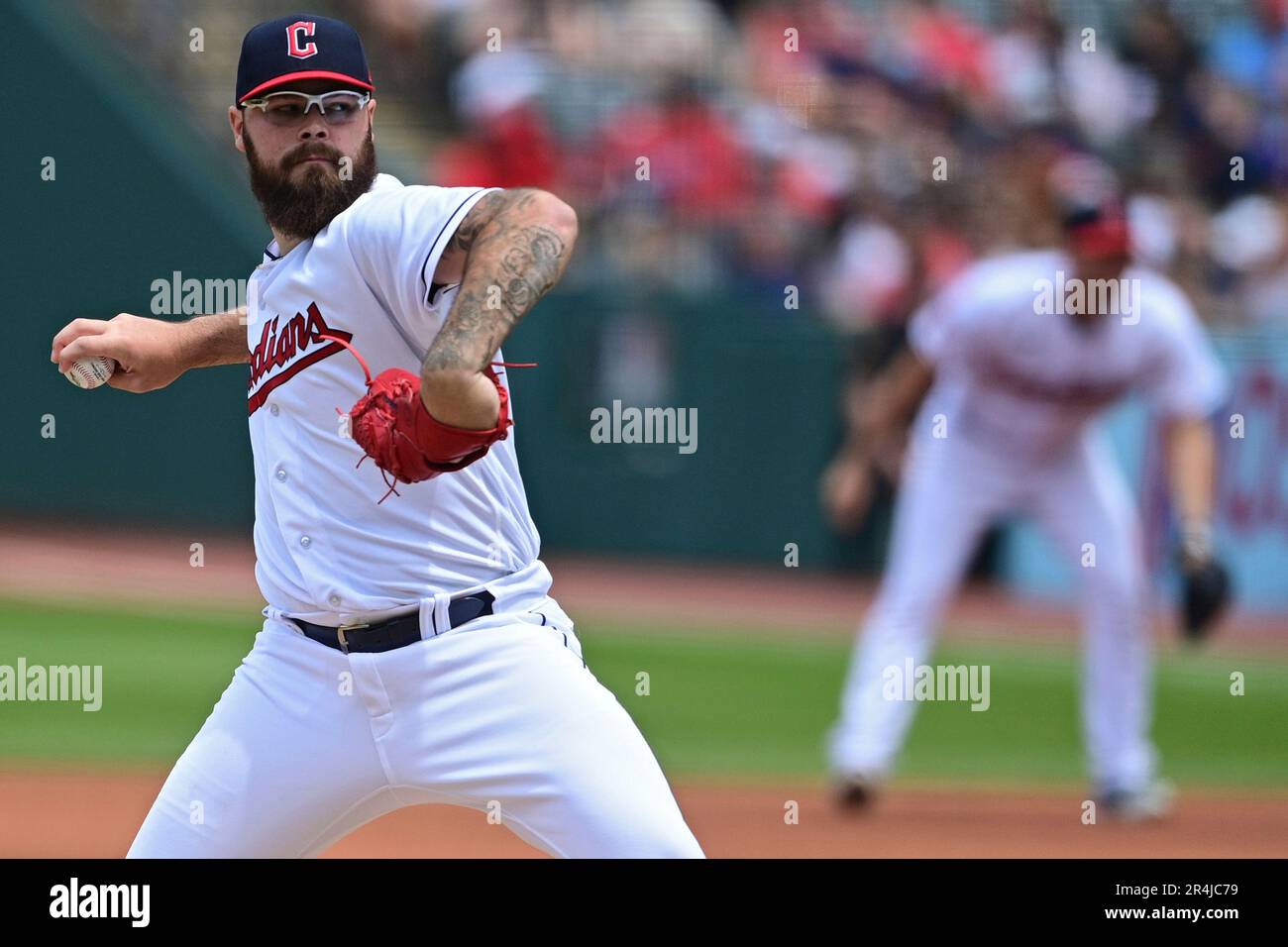 Cleveland Guardians starting pitcher Hunter Gaddis delivers during the ...