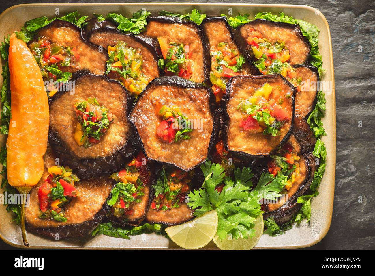 Arabic Cuisine; Egyptian traditional marinated fried eggplant. Top view