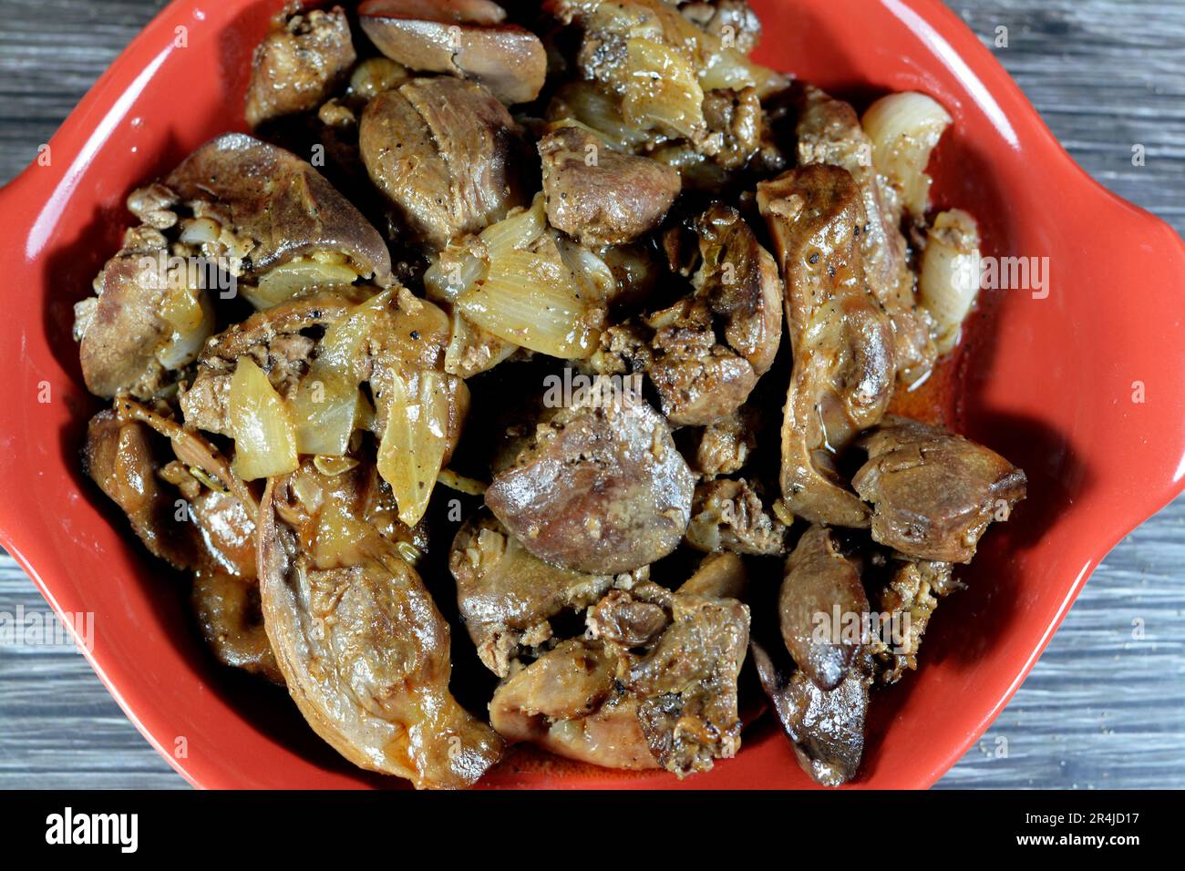 cooked chicken livers, gizzards and hearts, selective focus of fresh