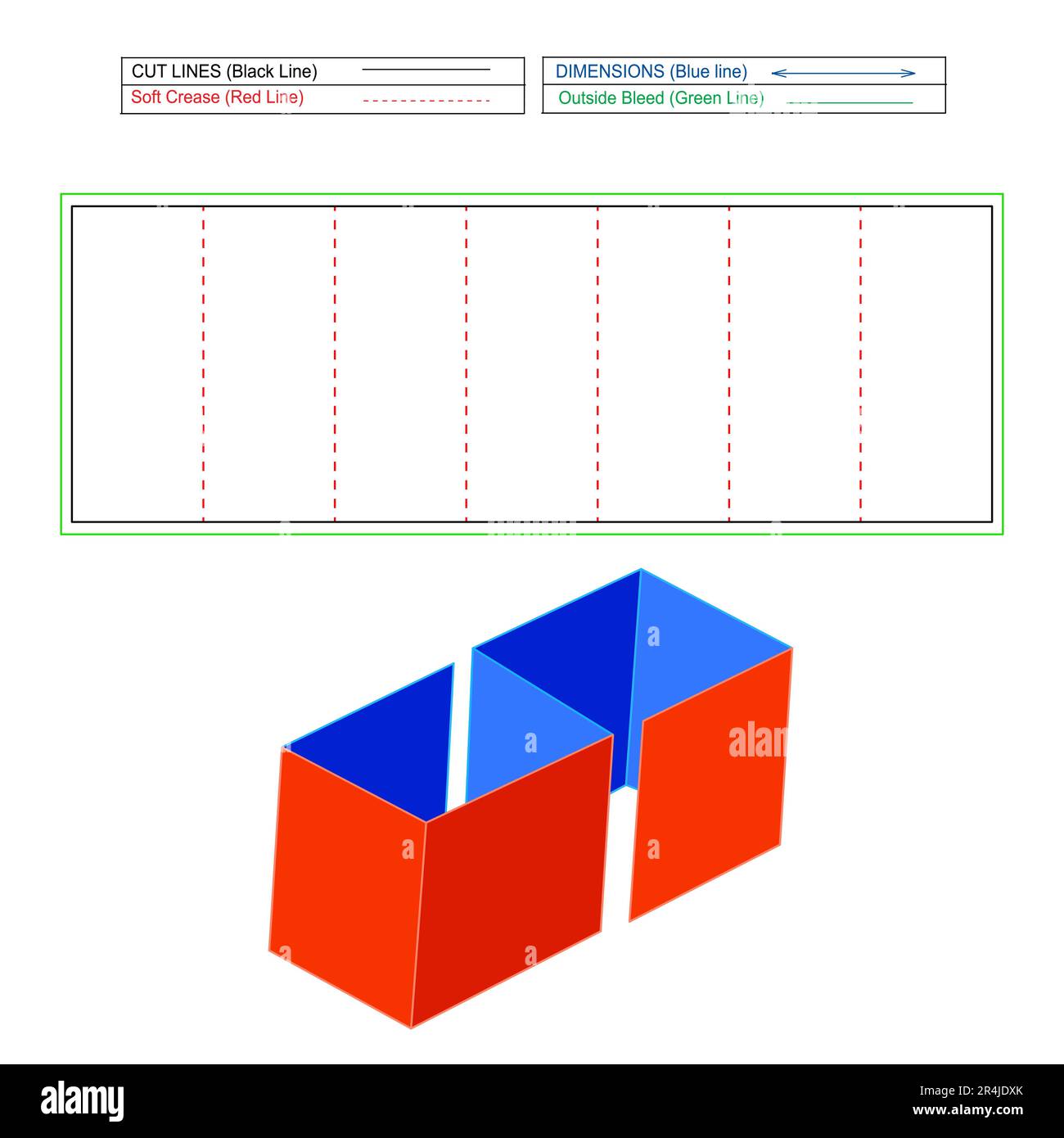 Seven panel separator box and folding box, corrugated separator box and insert box, die line template and 3d render box Stock Vector