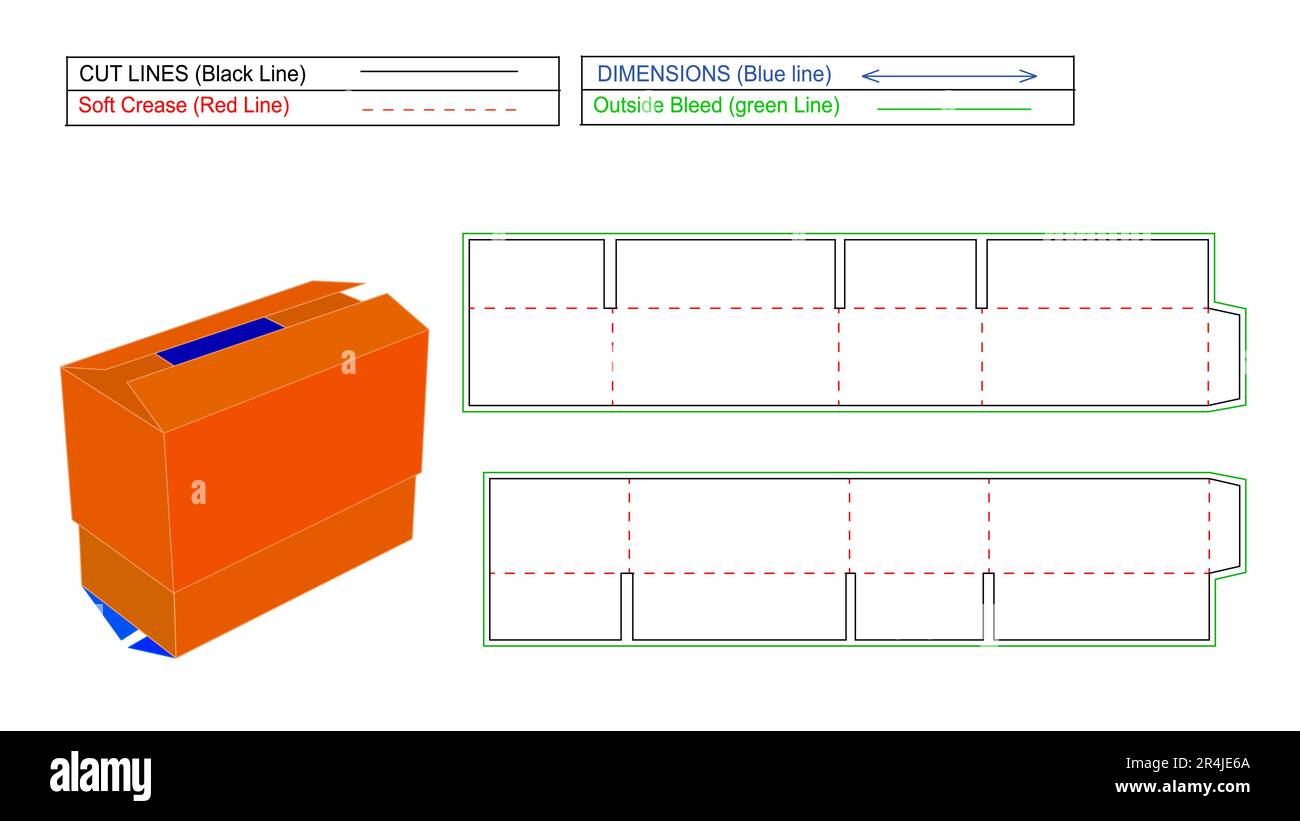 2 lid corrugated standard shipping box, cardboard carton shipping box with 3D render and die line template Stock Vector