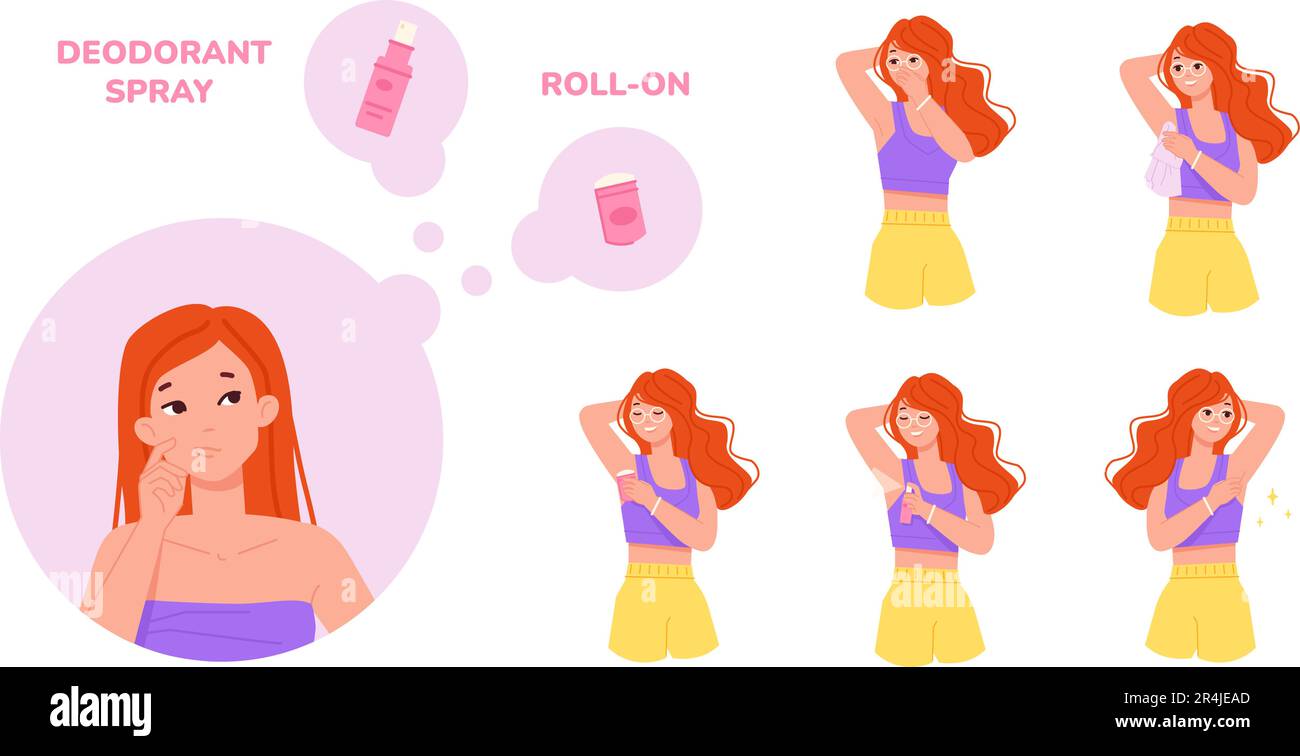Woman body deodorant. Women apply deodorizer spray antiperspirant roll