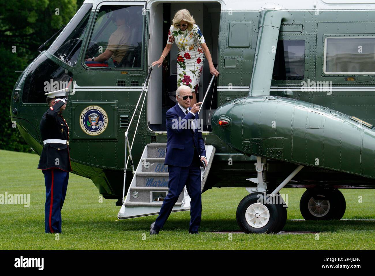 Washington, United States. 28th May, 2023. U.S. President Joe Biden gestures to the media on the South Lawn of the White House upon his return to Washington from Wilmington, Delaware on Sunday, May 28, 2023. Photo by Yuri Gripas/UPI Credit: UPI/Alamy Live News Stock Photo