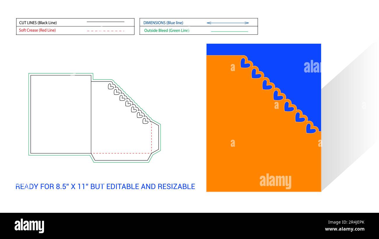 Pocket or folder die line, angle cut with heart shape and 3D ready for