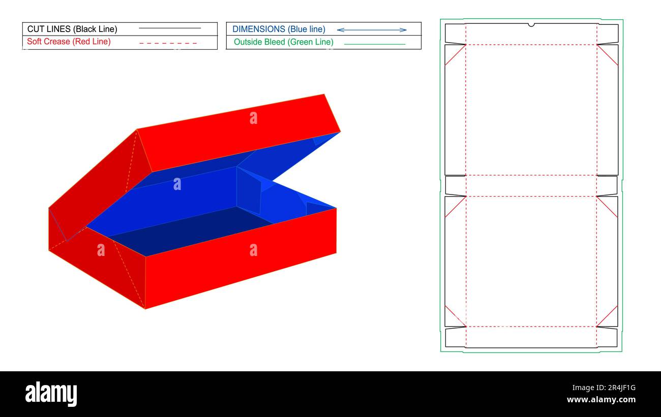 Six corner glued tray, 6 corner box die line and packaging design template, die cut and 3D vector render box Stock Vector