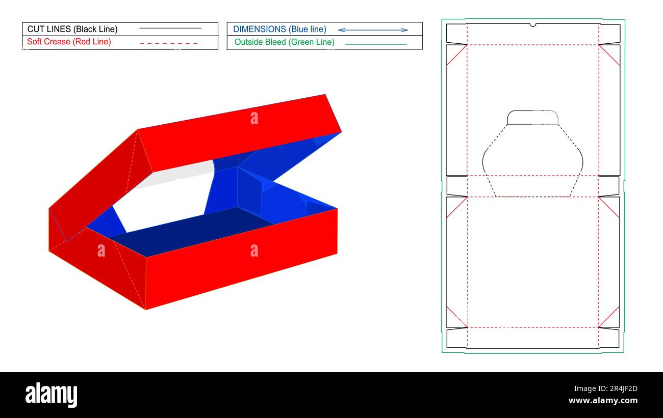 Six corner window glued tray, 6 corner box packaging design template, die cut and 3D vector render box Stock Vector
