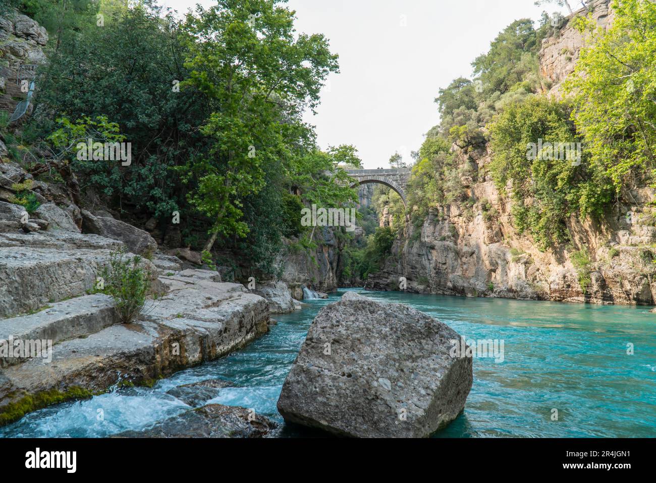 Rocky canyon with a flowing river through it. located in Koprulu Canyon in Antalya, Turkey Stock Photo