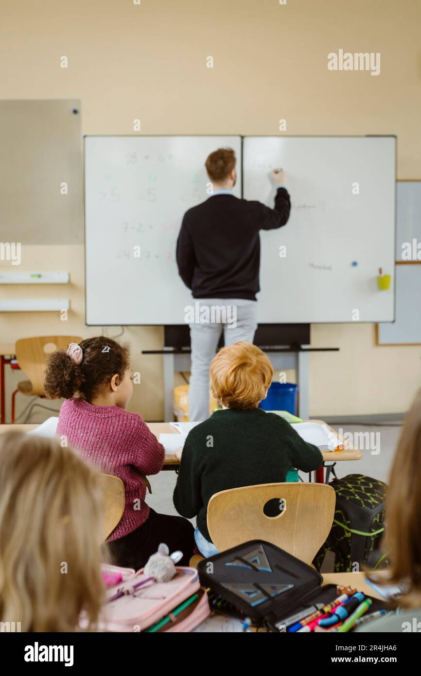 Rear view of male and female students with teacher teaching in background Stock Photo