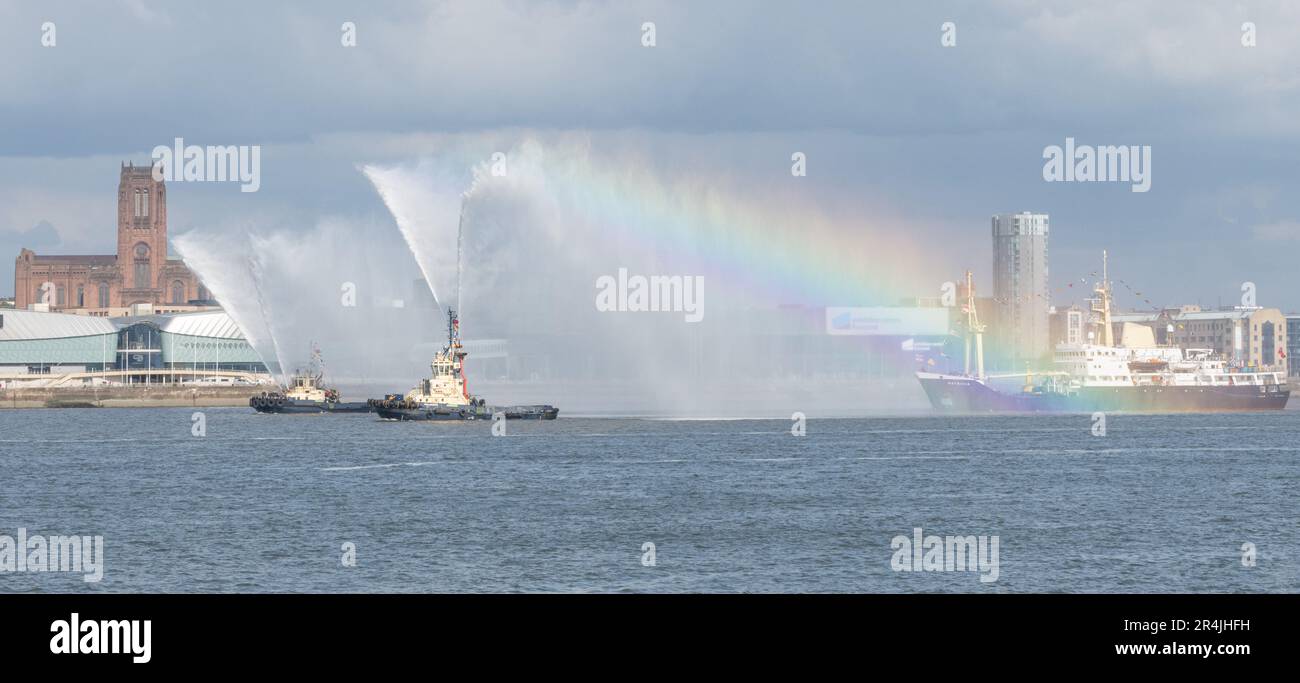 Liverpool Pier Head, Liverpool, Merseyside, England. 28th May 2023. A boat convoy takes place as part of the celebration, during the Battle of the Atlantic 80th anniversary at Pier Head. (Credit Image: ©Cody Froggatt/Alamy Live News) Stock Photo