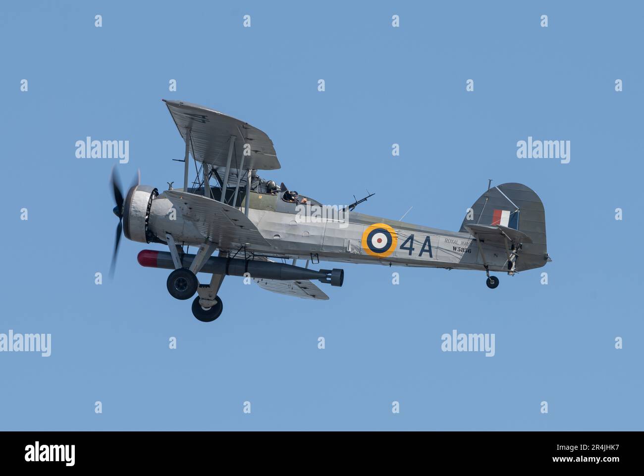 Liverpool Pier Head, Liverpool, Merseyside, England. 27th May 2023. Navy Wings Fairey Swordfish W5856, oldest surviving airworthy Fairey Swordfish in the world performs a display, during the Battle of the Atlantic 80th anniversary at Pier Head. (Credit Image: ©Cody Froggatt/Alamy Live News) Stock Photo