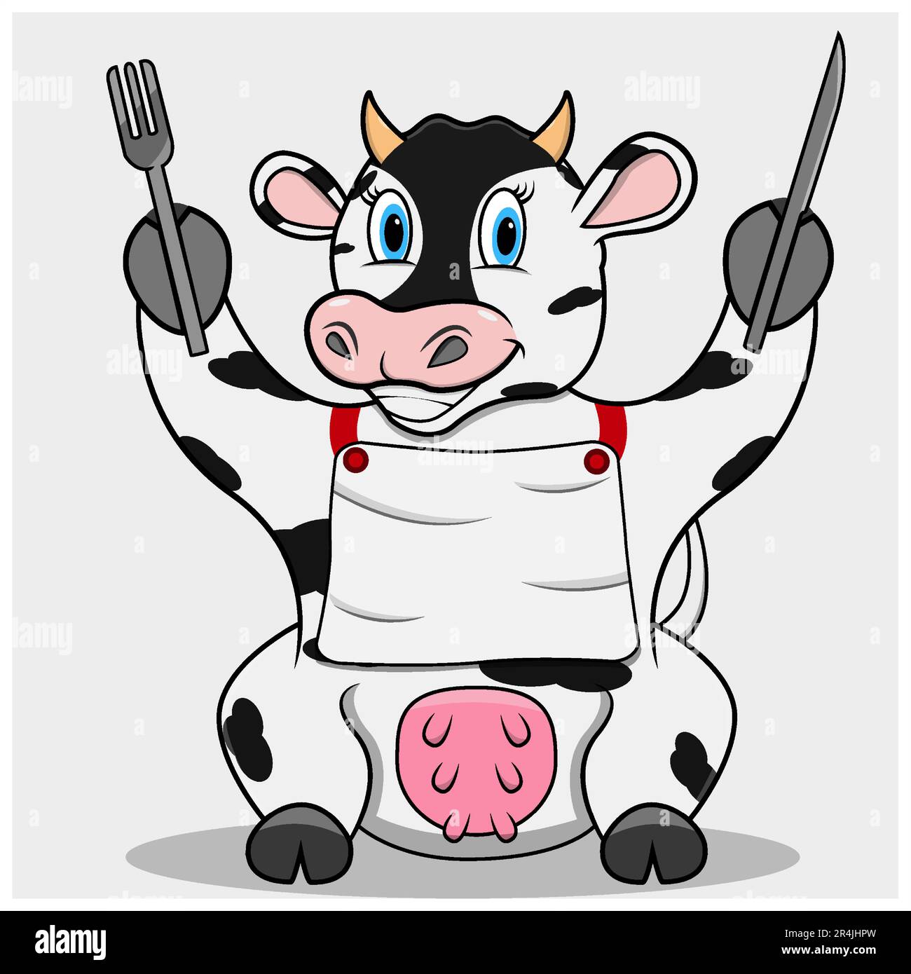Character Cow With Ready For Eat, White Colors Background, Mascot, Icon, Character or Logo, Vector and Illustration. Stock Vector