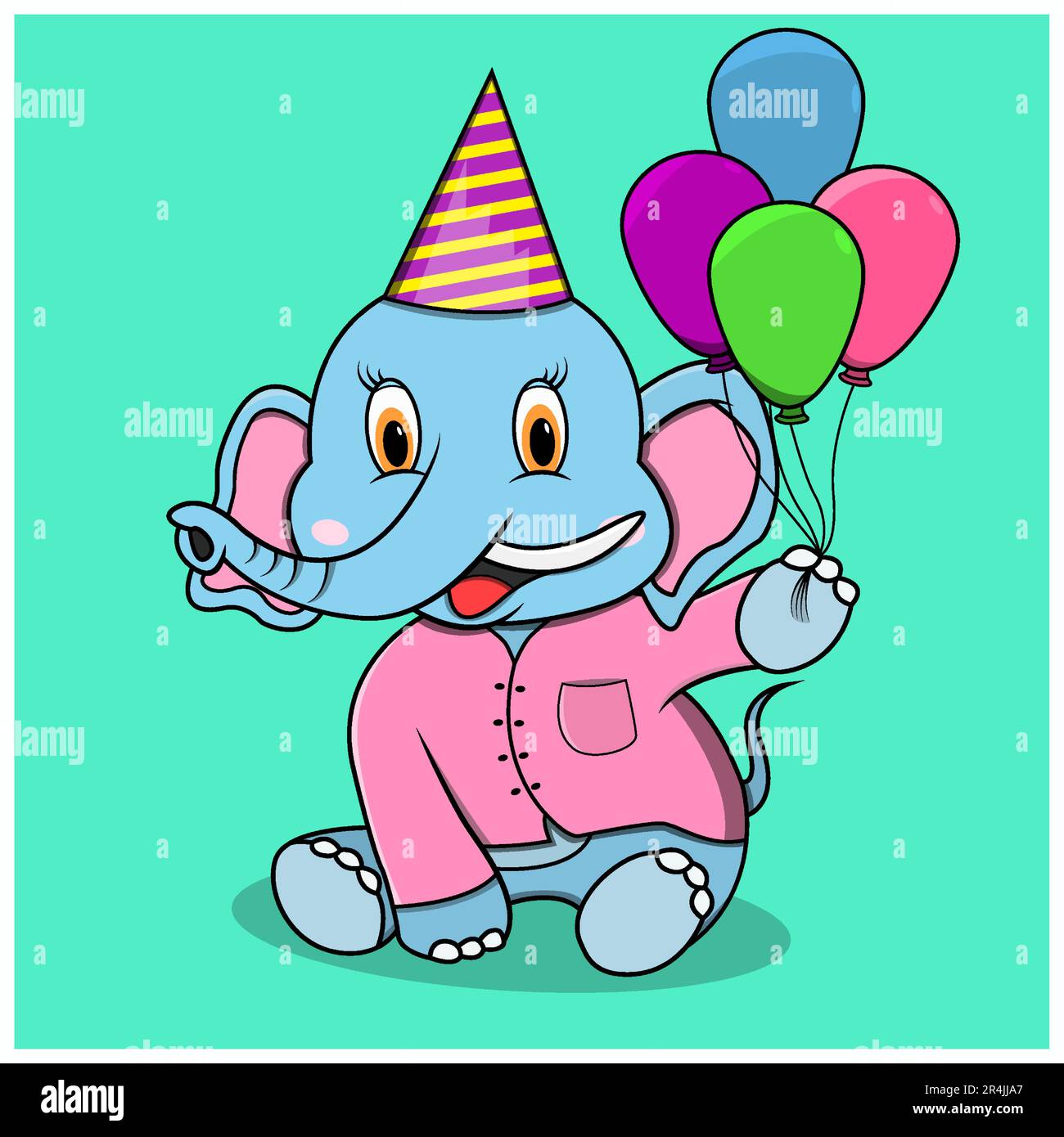 Character Elephant With Balloon and Birthday Theme, turquoise blue Colors Background, Mascot, Icon, Character or Logo, Vector and Illustration. Stock Vector