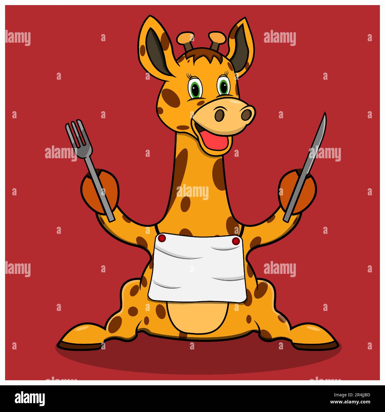 Character Giraffe With Holding Spoon For Party, Red Colors Background, Mascot, Icon, Character or Logo, Vector and Illustration. Stock Vector