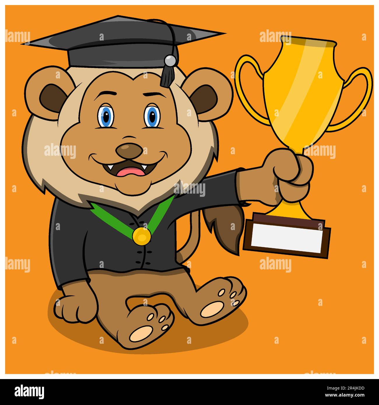Character Lion Graduation and Bring Thropy, Orange Colors Background, Mascot, Icon, Character or Logo, Vector and Illustration Stock Vector