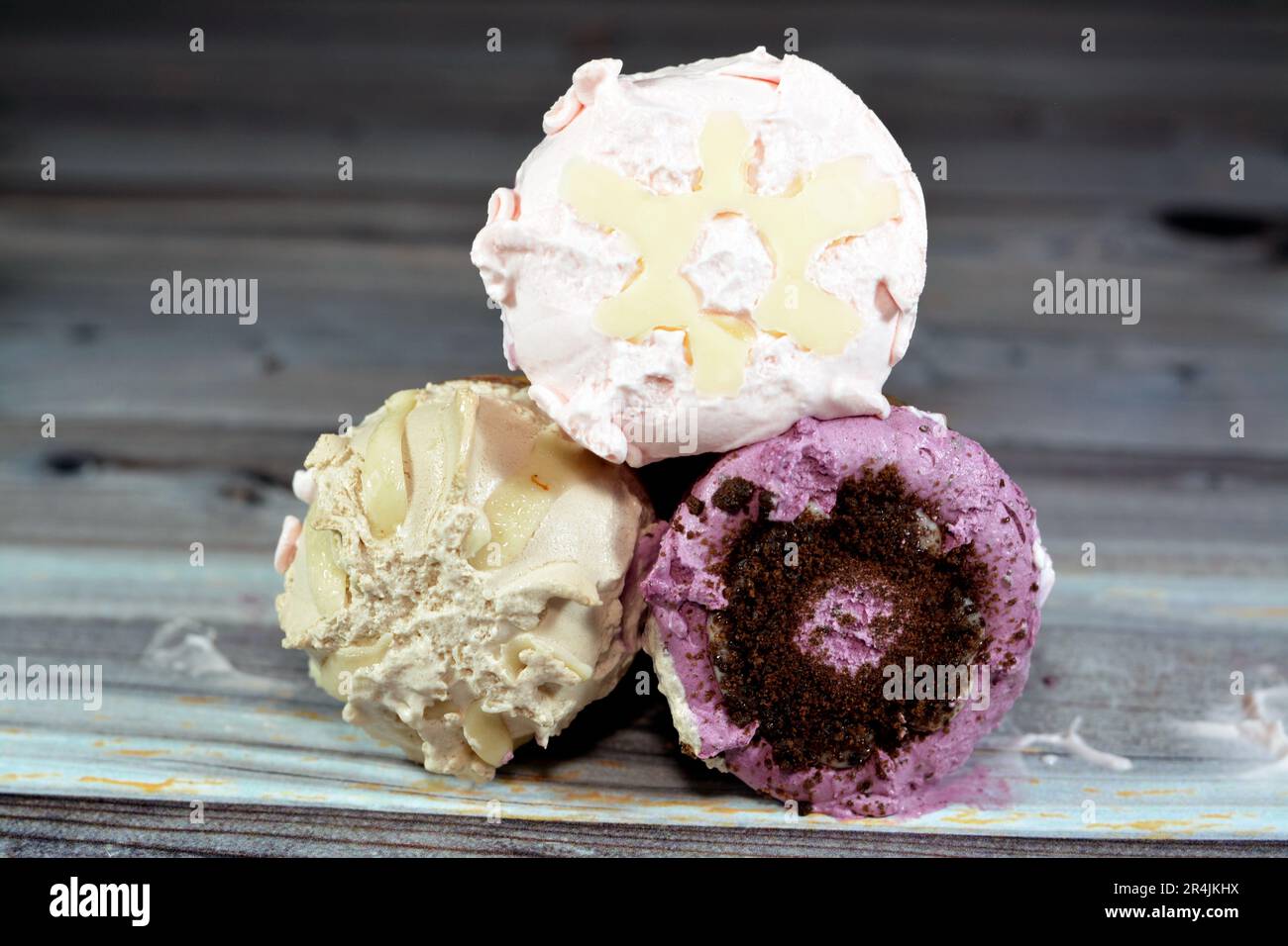 Icecream of special flavors in crispy wafer cones, melting cold ice