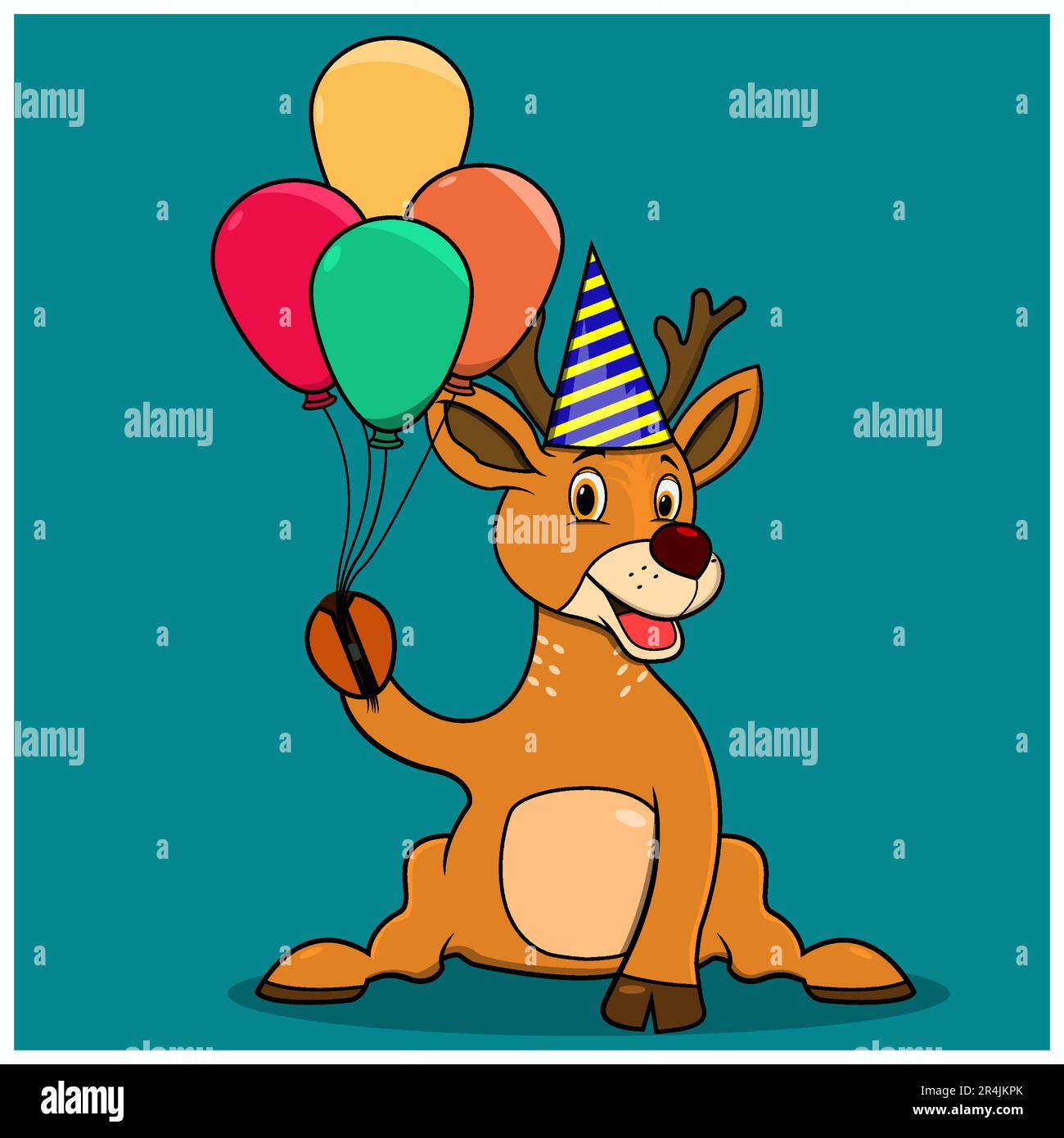 Character Deer Bring Balloons For Party, Blue Navy Red Colors Background, Mascot, Icon, Character or Logo, Vector and Illustration. Stock Vector