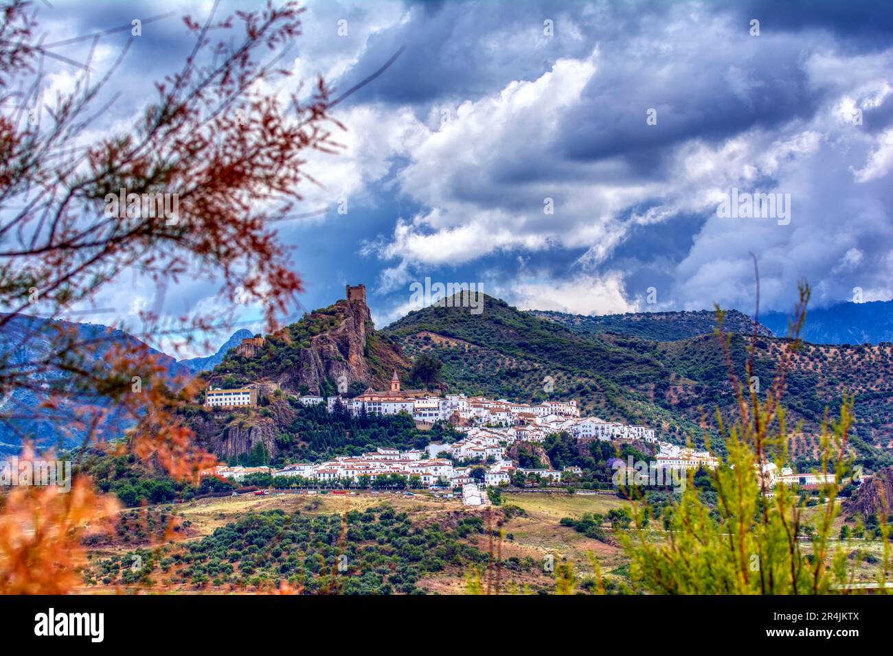 Panoramic view of Zahara de la Sierra, one of the famous white villages ...