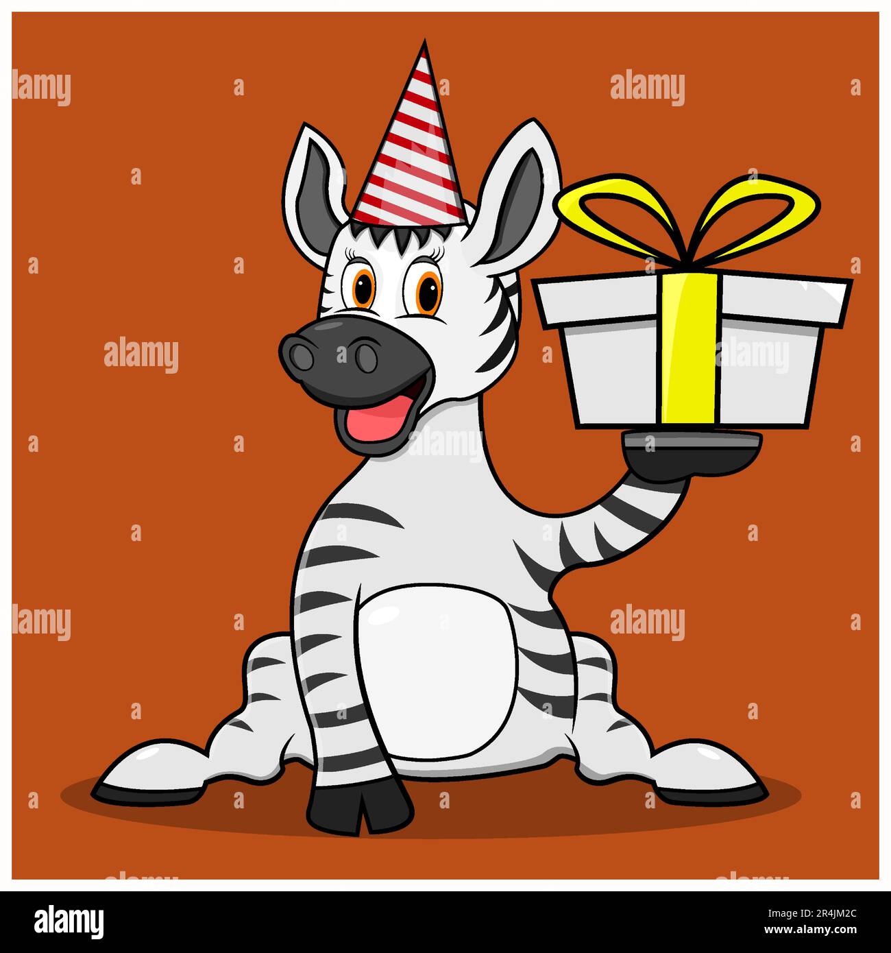 Character Zebra With Big White Gift, Brown Colors Background, Mascot, Icon, Character or Logo, Vector and Illustration. Stock Vector