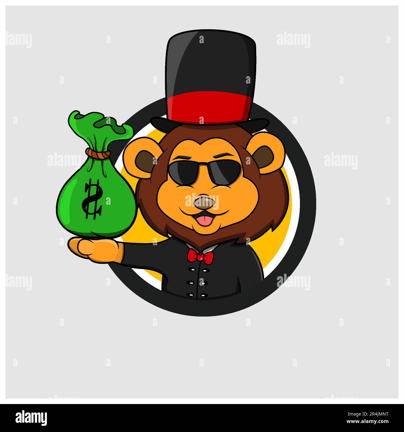 Rich Cartoon Lion Head Circle Label With Bring Money, Yellow Colors Background, Cartoon, Mascot, Animals, Character, Vector and Illustration. Stock Vector