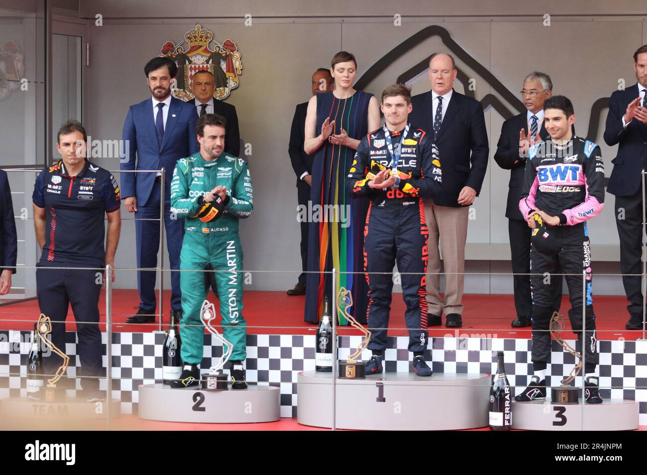 Monaco, Monte Carlo. 23rd May, 2021. Race trophy presenters on the podium.  23.05.2021. Formula 1 World Championship, Rd 5, Monaco Grand Prix, Monte  Carlo, Monaco, Race Day. Photo credit should read: XPB/Press