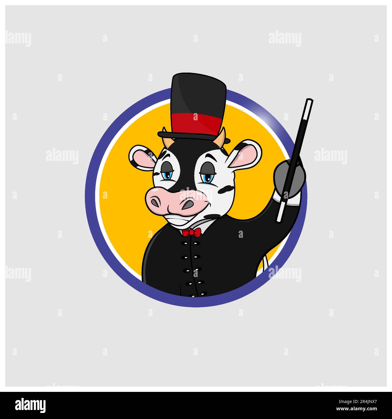 Cow Head Circle Label With Magician Custom, Yellow Colors Background, Mascot, Icon, Character or Logo, Vector and Illustration. Stock Vector